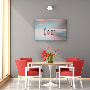 Tablou canvas - Familia de flamingo, Flori, Silueta, Soare, Roz, 80 x 120 cm - Img 4