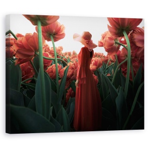 Tablou canvas - Femeie Si Floare, Fata, Rochie, Rosu, 60 x 75 cm