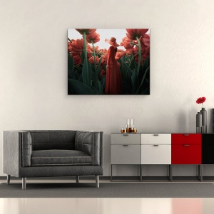 Tablou canvas - Femeie Si Floare, Fata, Rochie, Rosu, 60 x 75 cm - Img 2
