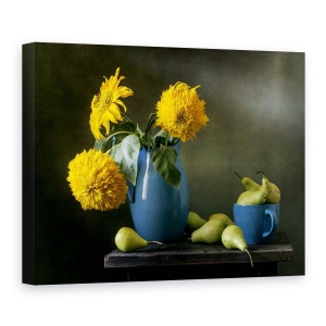 Tablou Canvas - Floarea-Soarelui, Pere, Vaza, Albastra, 50 x 70 cm
