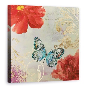 Tablou canvas - Flori, Flori rosii, Animale, Fluture, Violet, Pictura, 60 x 60 cm