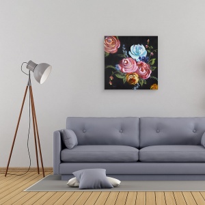 Tablou canvas - Flori, Trandafiri, Fundal Colorat, Negru, Pictura Ii, 60 x 60 cm - Img 2