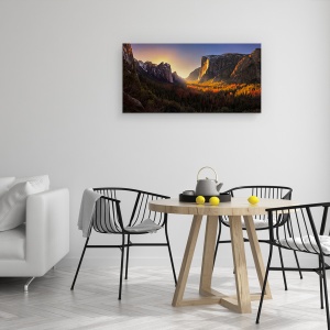 Tablou canvas - Foc De Lumina Peste Yosemite, Munti, Vale, Cascada, Apus De Soare, 50 x 100 cm - Img 4