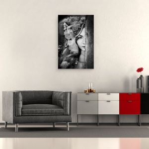 Tablou canvas - Jumatate, Perle, Alb-Negru, Portret, Palarie, Flori, 60 x 90 cm - Img 2