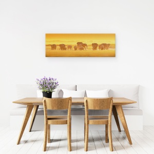 Tablou Canvas - Lumina Aurie, Elefanti, Turma, Fauna Salbatica, Apus De Soare, 30 x 90 cm - Img 4