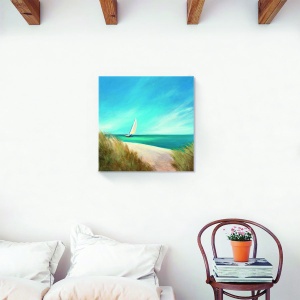 Tablou decorativ modern living pe canvas cu plajă și velier 60x60 cm