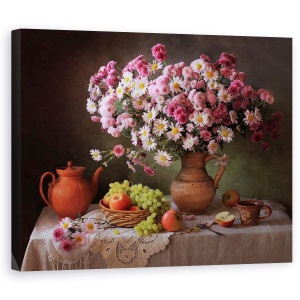 Tablou Canvas - Natura Moarta, Buchet, Floare, Roz, Vaza, Struguri, Cana, 40 x 50 cm
