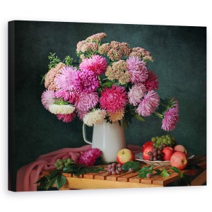 Tablou Canvas - Natura Moarta, Buchet, Flori,Mere, Fructe, 60 x 75 cm