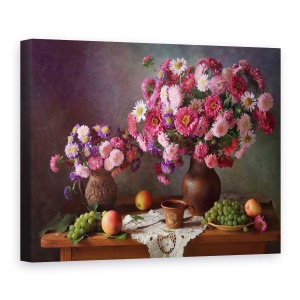 Tablou Canvas - Natura Moarta cu Buchete De Asteri si Struguri, 75 x 100 cm