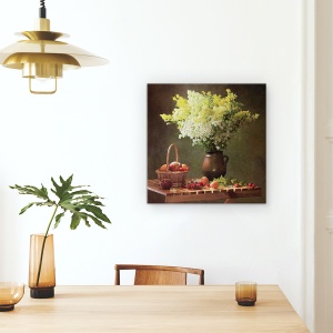 Tablou Canvas - Natura Moarta Cu Flori De Lunca, Fructe, 90 x 90 cm - Img 4