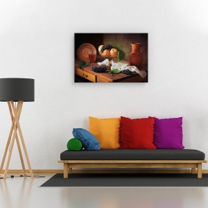 Tablou canvas - Natura moarta cu piersici si struguri, Natura moarta, Struguri, Farfurie, Bautura, 60 x 90 cm - Img 2
