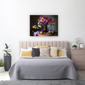 Tablou Canvas - Natura Moarta Cu Un Buchet De Asteri si Fructe, 60 x 80 cm - Img 3