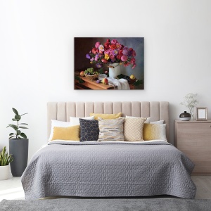 Tablou Canvas - Natura Moarta Cu Un Buchet De Asteri si Struguri, 50 x 70 cm - Img 3