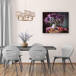 Tablou Canvas - Natura Moarta Cu Un Buchet De Crizanteme Si Fructe, Struguri, 60 x 75 cm - Img 4