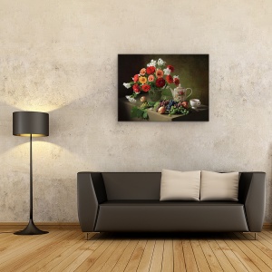 Tablou Canvas - Natura Moarta Cu Un Buchet De Zinnias si Fructe, Struguri, 60 x 80 cm - Img 2