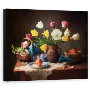 Tablou Canvas - Natura Moarta De Primavara, Vaza, Mere, Cos Cu Fructe, 60 x 75 cm