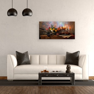 Tablou canvas - Natura Moarta, Flori, Muzica, Camera, Clasic, Vioara, Trandafiri, 50 x 100 cm - Img 2