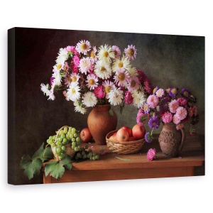 Tablou canvas - Natura statica cu flori de toamna si stuguri, Natura moarta, Buchet, Flori, Decor, 80 x 120 cm