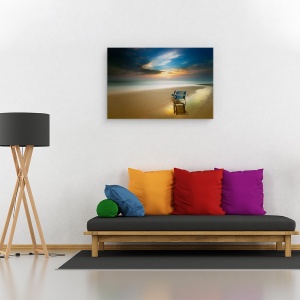 Tablou canvas - O Noua Zi, Peisaj Marin, Apus De Soare, Scaun, Plaja, 60 x 90 cm - Img 2
