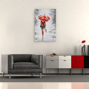 Tablou canvas - Oameni, Femeie, Rochie Rosie, Ploaie, Pictura, 60 x 90 cm - Img 3