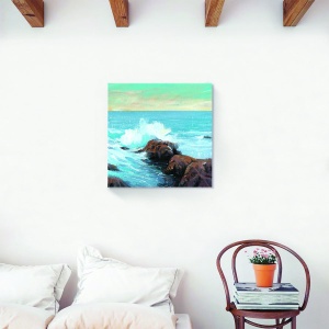tablou decorativ ocean pe canvas cu val și stâncă, 60x60 cm