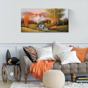 Tablou Canvas - Peisaj, Cascada, Munte, Copaci, Casuta, Toamna, Apus de soare, 50 x 100 cm - Img 2