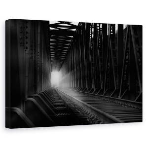 Tablou decorativ modern living alb-negru cu șine de cale ferată pe canvas