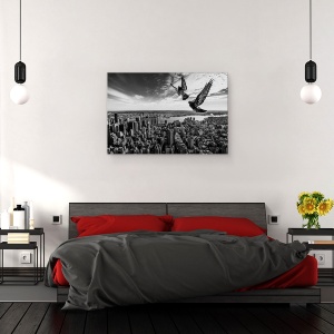 Tablou canvas - Porumbeii Pe Empire State Building, Peisaj Urban, Cer, Pasari, Alb-Negru, 60 x 90 cm - Img 3