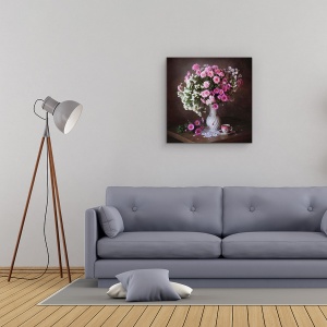 Tablou Canvas - Un Buchet De Crizanteme, Roz, Vaza, Cana, Ceai, Cafea, 60 x 60 cm - Img 2
