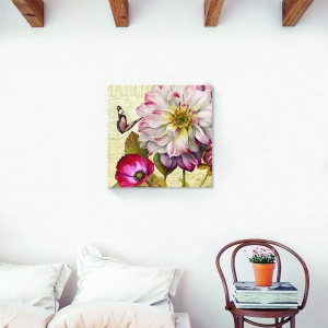 Tablou decorativ vintage cu bujori și fluture pe canvas 60x60 cm