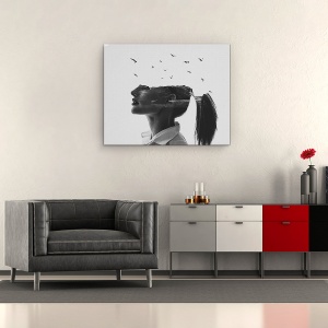 Tablou canvas - Zefir, Expunere Dubla, Alb-Negru, Femeie, Par, Pasari, 60 x 75 cm - Img 2