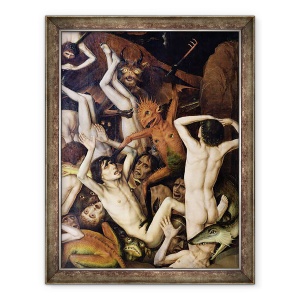 Tablou inramat - Dirck Bouts - Iadul, detaliu al unui demon lovindu-l pe blestemat, 70 x 90 cm
