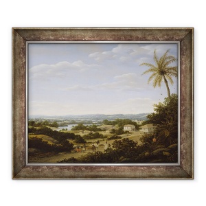 Tablou inramat - Frans Jansz Post - Peisaj brazilian cu localnicii pe un drum care se apropie de un sat, 50 x 60 cm
