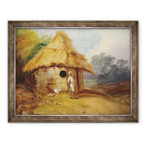 Tablou inramat - George Chinnery - Vedere in sudul Indiei, cu un razboinic in afara coliba lui, 60 x 80 cm
