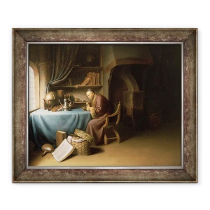 Tablou inramat - Gerard Dou - Un Batran isi lumineaza pipa intr-un studiu, 50 x 60 cm