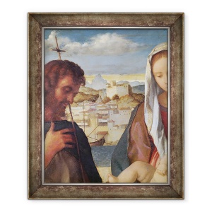 Tablou inramat - Giovanni Bellini - Madonna si Pruncul cu Sfantul Ioan Botezatorul si un sfant, detaliu al orasului de pe malul apei de fundal, 50 x 60 cm