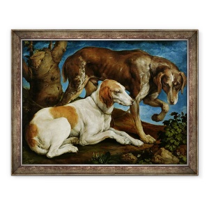 Tablou inramat - Jacopo Bassano - Doi caini de vanatoare legati de un ciot de copac, 70 x 90 cm
