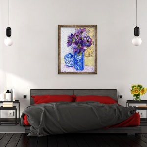 Tablou inramat - Joan Thewsey - Anemone intr-o vaza albastra si alba cu oala si textile 2012, 60 x 80 cm - Img 3