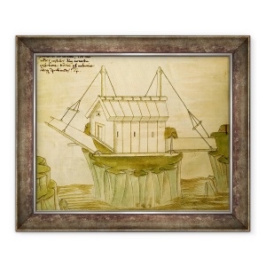 Tablou inramat - Mariano di Jacopo detto il Taccola - Proiectare pentru o cetate cu doua poduri, 70 x 85 cm