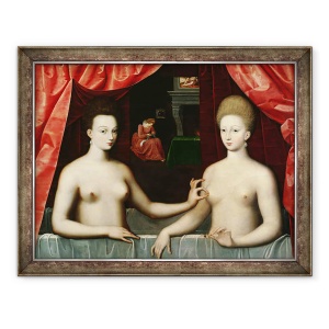 Tablou inramat - Scoala Fontainebleau - Gabrielle dEstrees 1573-99 si sora ei, Ducesa de Villars, 70 x 90 cm