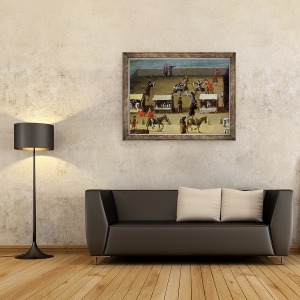 Tablou inramat - Scoala franceza - Sena, Luvru si College des Quatre-Nations din Pont-Neuf, detalii despre tarabe de piata si barbati dueland, 70 x 90 cm - Img 2