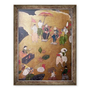 Tablou inramat - Scoala japoneza - Sosirea portughezilor in Japonia, detaliu al portughezilor care comanda debarcarea, de pe un ecran Namban Byobu, 60 x 80 cm