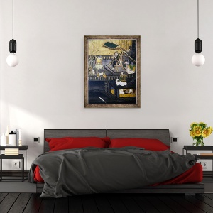 Tablou inramat - Scoala japoneza - Sosirea portughezilor in Japonia, detaliu aratand oameni in partea centrala a unei nave, de pe un ecran Namban Byobu, 70 x 90 cm - Img 3
