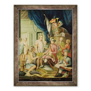 Tablou inramat - Scoala spaniola - Montezuma isi declara loialitatea fata de regele Spaniei inaintea lui Cortes, 60 x 80 cm