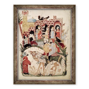 Tablou inramat - Yahya ibn Mahmud Al-Wasiti - Dna Ar 5847 f.138, Abu Zayd si Al-Harith interogarea satenilor, de la Al Maqamat intalnirile de Al-Hariri, 70 x 90 cm