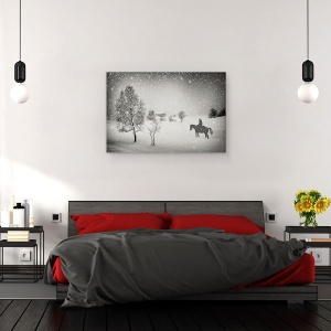Tablou canvas - Asteptarea, Cal, Cowboy, Zapada, Iarna, Munti, 60 x 90 cm - Img 3