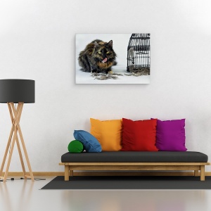 Tablou canvas - Cu Gust De Pui, Umor, Pisica, Cusca, Pene, Alb, 60 x 90 cm - Img 2