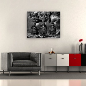 Tablou canvas - Cursa Cu Trenul, Abur, Fum, Alb-Negru, 60 x 75 cm - Img 2