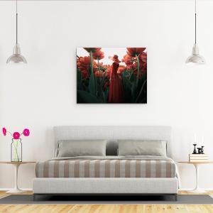 Tablou canvas - Femeie Si Floare, Fata, Rochie, Rosu, 60 x 75 cm - Img 3