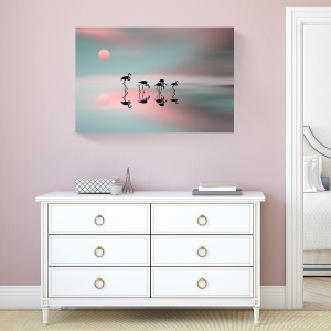 Tablou decorativ flamingo pasari in natura la apus pe canvas 60x90 cm
